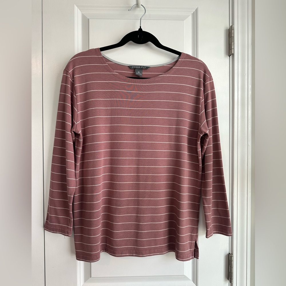 Free Fly Women’s 3/4 Sleeve Mauve Striped Bamboo Shirt (Size M)